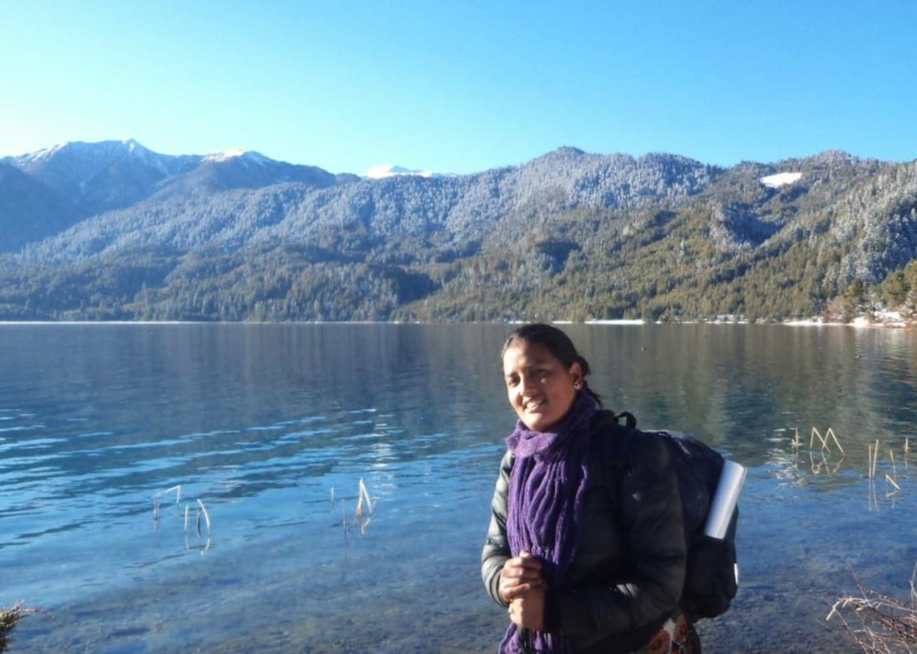 Hansa Kumari Malla in front of the Rara lake in Mugu