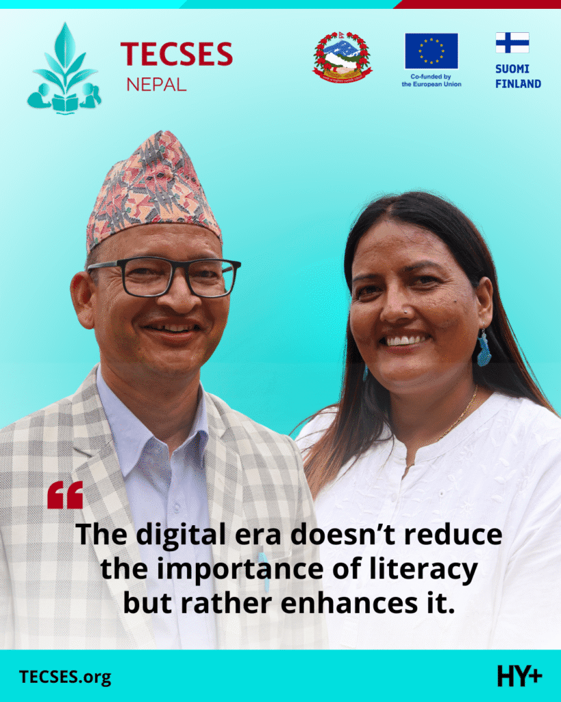 Nawa Raj and Hansa with the quote "The digital era doesn’t reduce the importance of literacy but rather enhances it."